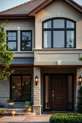 Luxury Home Exterior: Modern Brick and Stone Architecture, Elegant Design, and Landscaping