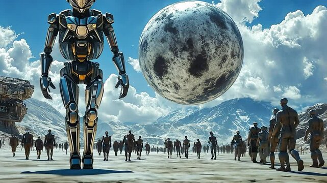 Giant Robot Leading a Crowd of Figures Towards a Massive Celestial Body in an Alien Landscape