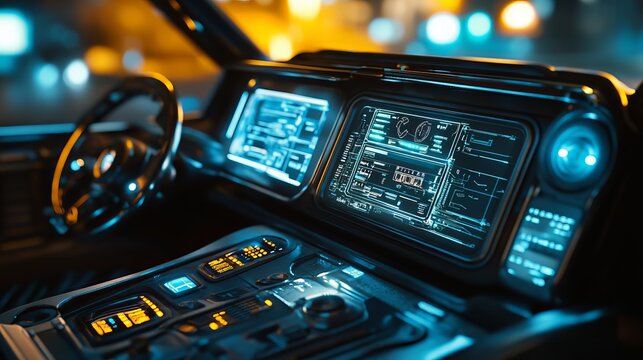 Futuristic Car Interior Dashboard Night Driving Advanced Technology Illuminated Controls Digital Interface Modern Vehicle SciFi Cockpit Design Neon   