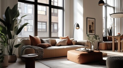 Fototapeta premium Modern Living Room Design: A stylish and comfortable living room with a beige sofa, brown ottoman, large windows, and plants, showcasing a warm and inviting interior design. 