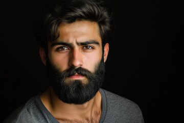 Obraz premium Stylish Young Persian Man with Beard Posing Confidently Against Dark Backdrop