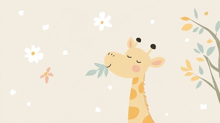 Naklejka premium Cute giraffe eating leaves in floral garden