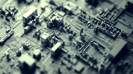 Abstract close-up of a complex circuit board design showcasing intricate pathways and structures