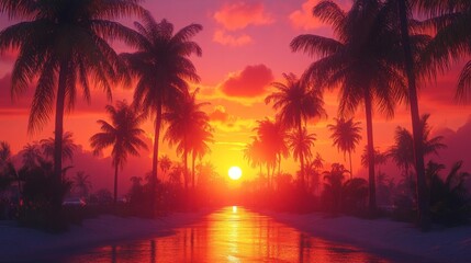 A breathtaking sunset over the beach with silhouetted palm trees and vibrant orange hues. Generative AI