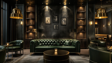 A Luxurious Business Lounge Featuring Deep Emerald Green and Gold Accents, Including a Dark Grey Stucco-Textured Wall, an Olive Green Leather Sofa, and Polished Brass Details Throughout