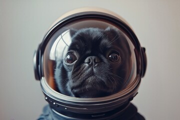 A black pug in a high-tech astronaut helmet, gazing into the unknown with curiosity. The reflective visor adds a futuristic touch, making this an inspiring and humorous take on space exploration.