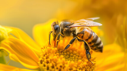 Macro shot of a honeybee collecting nectar from a vibrant yellow flower, highlighting pollination and biodiversity.