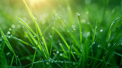 Obraz premium Macro shot of fresh green grass covered in morning dew, with sunlight reflections creating a dreamy bokeh effect.