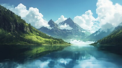 Obraz premium Majestic mountains covered in lush green forests rise sharply from the edge of a crystal-clear lake, with large