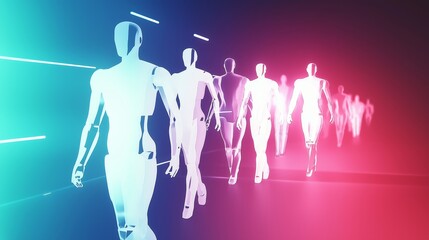 Humanoid robot AI agents walk through cyberspace symbolizing agentic autonomy and the future of work through automation and autonomous futuristic robotic assistants in the workforce