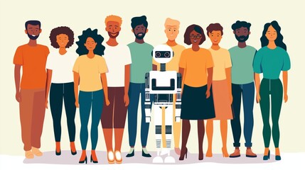 A group of human coworkers and a humanoid robot AI agent together as employees symbolizing agentic autonomy and the future of work using autonomous technology in collaboration with human workers