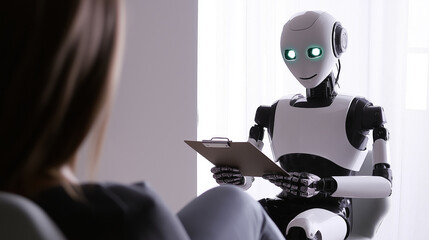 A humanoid AI agent robot working as a psychologist with a human patient symbolizing agentic autonomy in mental health and the use of chatbots in therapy, medicine and healthcare