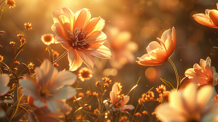 A close-up of blooming wildflowers bathed in warm golden sunlight.