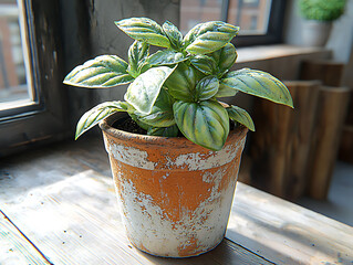 Vibrant basil plant in a rustic terracotta pot, bathed in sunlight on a weathered wooden windowsill.  Evokes feelings of freshness, growth, and home.