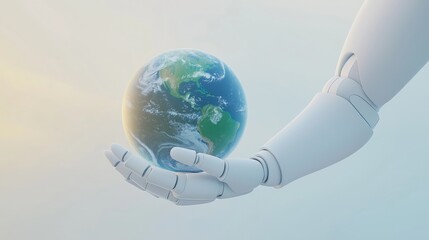 A humanoid robot AI agent holding a globe of the planet earth symbolizing agentic autonomy in the environment and environmental sustainability using AGI for climate change and global warming