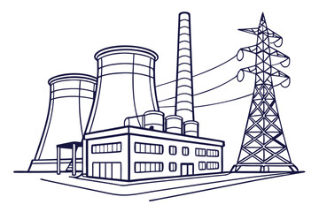 Power Generation Plant Line Art – Industrial Energy Vector Illustration