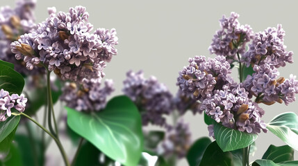 Obraz premium Soft lilac flowers in full bloom with vibrant green leaves against a neutral background. A delicate and elegant botanical composition.