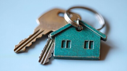 House keys, teal keychain, blue background, new home