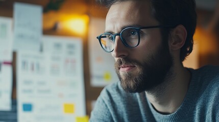 Focused Young Man Wearing Glasses Thoughtful Expression Serious Business Professional Concentrating Intensely Working Late Night Office Setting Deep  