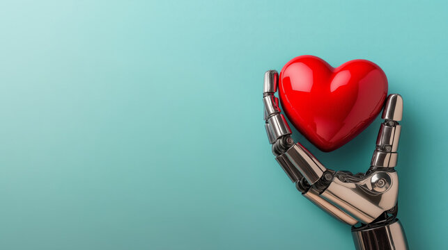 A humanoid robot AI agent holding a red heart in it's hands symbolizing agentic autonomy in healthcare and medicine and the future of love and romance with humans and autonomous bots