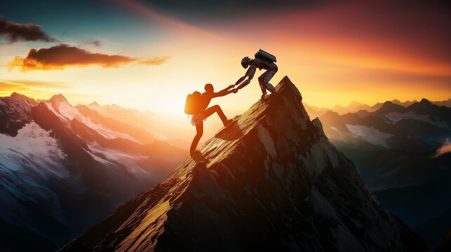 A humanoid robot AI agent helping a human mountain climber up a peak symbolizing teamwork through agentic autonomy in the future and how automation and autonomous technology will help society