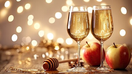 Sparkling wine, apples, honey - festive table