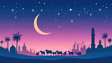 Night scene, desert, sheep, mosques