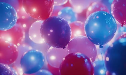 Bright balloons in shades of pink, blue, and purple glowing under soft party lights, creating a playful and celebratory vibe