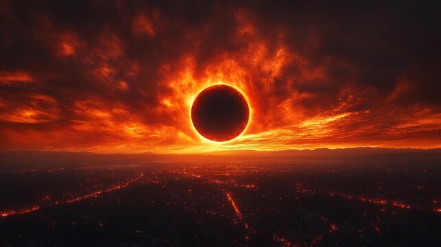 Epic solar eclipse at sunset with fiery clouds surrounding the blackened sun above a cityscape. Generative AI