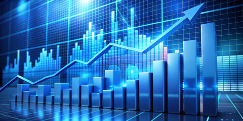 Financial data is displayed with bar graphs and line charts highlighting an upward trend in market performance. The visualization shows significant growth over time through digital graphics