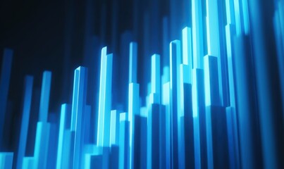 Close-up of glowing blue financial data graph with sharp upward trends, symbolizing growth and success
