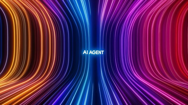 The text AI agent on a neon cyberspace background symbolizing agentic autonomy and future autonomous assistants using AGI technology to advance human and bot collaboration in business