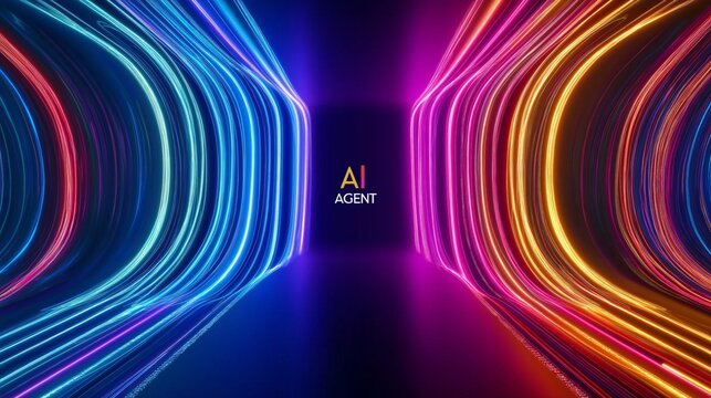 The text AI agent on a neon cyberspace background symbolizing agentic autonomy and future autonomous assistants using AGI technology to advance human and bot collaboration in business