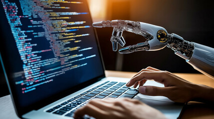 A humanoid AI agent robot helping a human worker with coding at a laptop computer symbolizing agentic autonomy at work and the future of automation in jobs with copilot bots as assistants