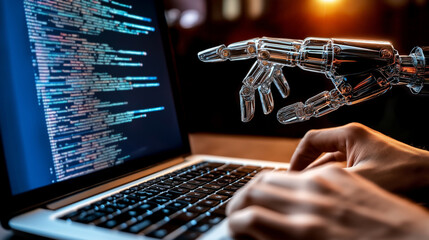 A humanoid AI agent robot helping a human worker with coding at a laptop computer symbolizing agentic autonomy at work and the future of automation in jobs with copilot bots as assistants