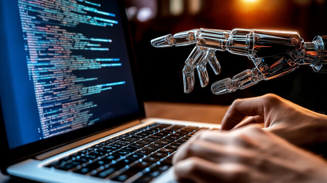 A humanoid AI agent robot helping a human worker with coding at a laptop computer symbolizing agentic autonomy at work and the future of automation in jobs with copilot bots as assistants