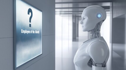 A humanoid robot AI agent looking at an Employee of the Month poster of a human worker symbolizing agentic autonomy and the automation of jobs causing unemployment and displacement