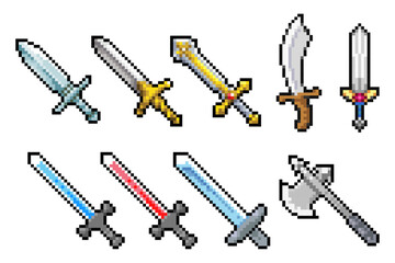 Set of swords in retro 8-bit gaming pixel art style