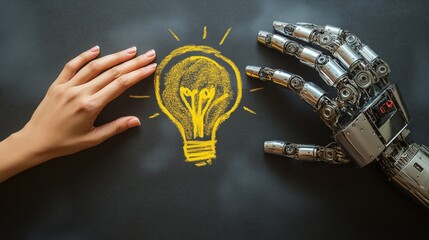 A human and a humanoid AI agent robot have their hands next to a lightbulb chalk drawing symbolizing agentic autonomy and brainstorming ideas through collaboration with autonomous copilot bots