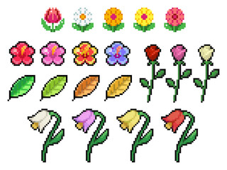 Set of retro 8-bit pixel art flowers and leaves © HTGanzo