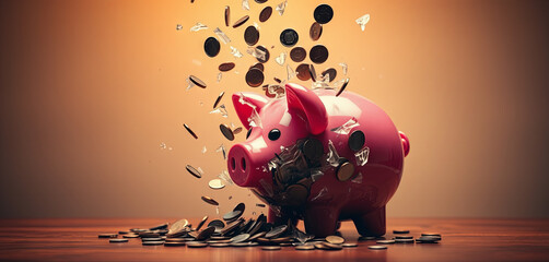 A pink piggy bank bursts open, sending coins scattering across a wooden surface. The event symbolizes the impact of impulsive spending on personal savings