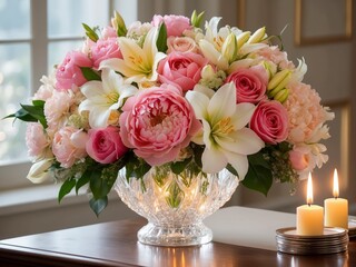 Obraz premium Elegant bouquet of roses, lilies, and peonies in a crystal vase with candlelight. Perfect for special occasions.