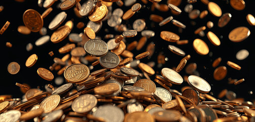 A multitude of coins cascades downwards, creating an energetic sense of movement. The shiny surfaces reflect light, showcasing various denominations in a striking manner