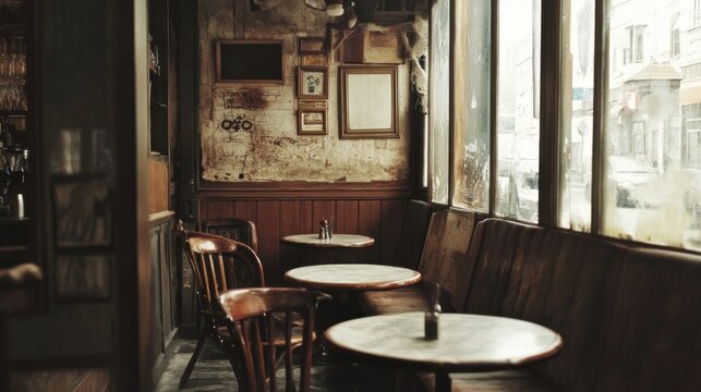 Vintage Pub Interior with Wooden Tables and Worn Chairs