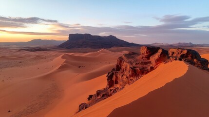 Naklejka premium Vast Desert Landscape at Sunset with Orange Sand Dunes and Dark Rocks