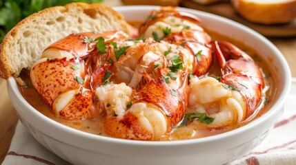 Bisque Served in White Bowl with Fresh Herbs and Bread