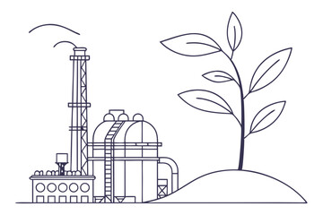 Modern Industrial Plant Line Drawing | Vector Art