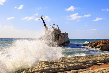 Shipwreck near rocky coast with waves, Greece, Cyprus, Paphos, 24.11.2025

