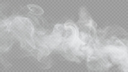 Vector illustration of soft, flowing white smoke with a transparent background. Ideal for overlays, fog effects, steam, and atmospheric elements.