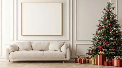 Christmas Frame Mockup with Decorated Tree, Gift Boxes, and Sofa in Cozy Interior